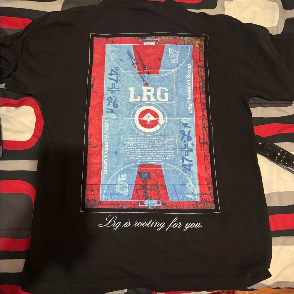 LRG Black Tee with Red and Blue Graphic